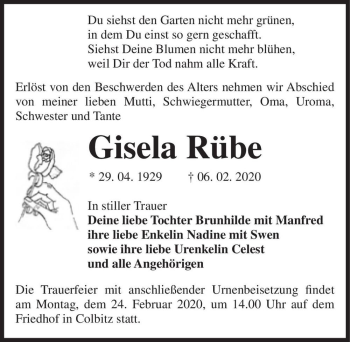 Traueranzeige von Gisela Rübe  von Magdeburger Volksstimme