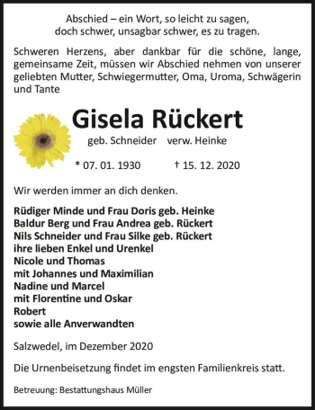 Traueranzeige von Gisela Rückert (geb. Schneider, verw. Heinke)  von Magdeburger Volksstimme