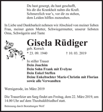 Traueranzeige von Gisela Rüdiger (geb. Korsch)  von Magdeburger Volksstimme