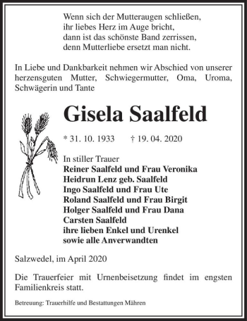 Traueranzeige von Gisela Saalfeld  von Magdeburger Volksstimme