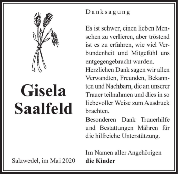Traueranzeige von Gisela Saalfeld  von Magdeburger Volksstimme