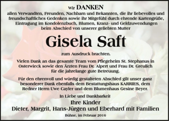 Traueranzeige von Gisela Saft  von Magdeburger Volksstimme