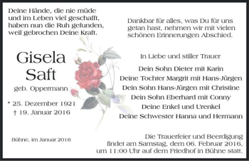 Traueranzeige von Gisela Saft (geb. Oppermann)  von Magdeburger Volksstimme