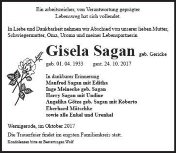 Traueranzeige von Gisela Sagan (geb. Gericke)  von Magdeburger Volksstimme