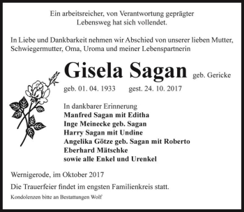 Traueranzeige von Gisela Sagan (geb. Gericke)  von Magdeburger Volksstimme