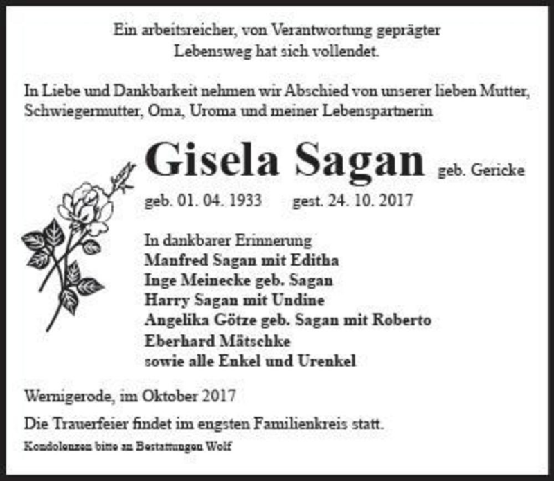  Traueranzeige für Gisela Sagan (geb. Gericke)  vom 28.10.2017 aus Magdeburger Volksstimme