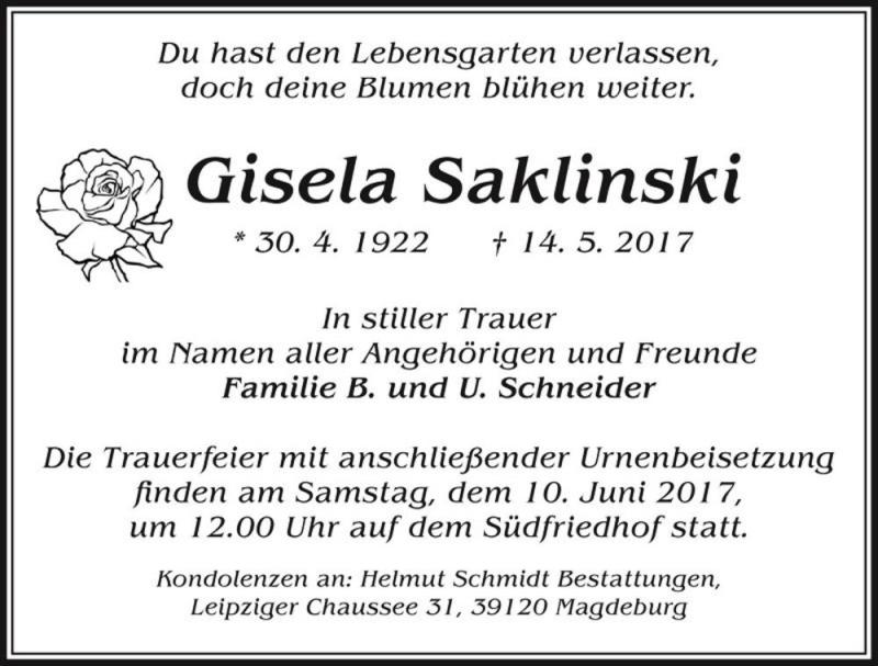  Traueranzeige für Gisela Saklinski  vom 27.05.2017 aus Magdeburger Volksstimme