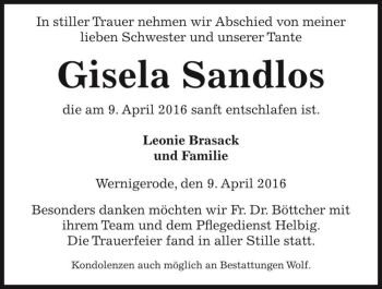 Traueranzeige von Gisela Sandlos  von Magdeburger Volksstimme