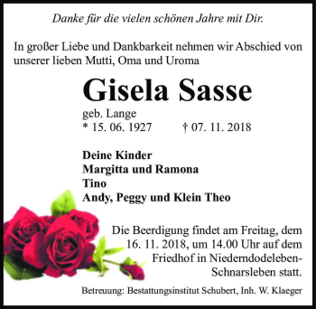 Traueranzeige von Gisela Sasse (geb. Lange)  von Magdeburger Volksstimme