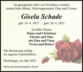 Traueranzeige von Gisela Schade  von Magdeburger Volksstimme