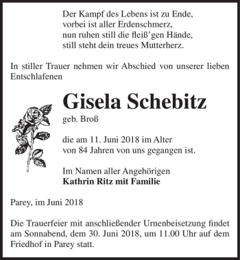 Traueranzeige von Gisela Schebitz (geb. Broß)  von Magdeburger Volksstimme