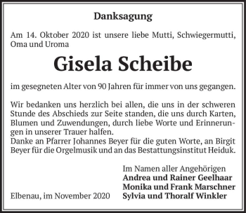 Traueranzeige von Gisela Scheibe  von Magdeburger Volksstimme