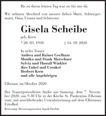 Traueranzeige von Gisela Scheibe (geb. Kern)  von Magdeburger Volksstimme