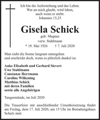 Traueranzeige von Gisela Schick (geb. Magnus, verw. Stahlmann)  von Magdeburger Volksstimme