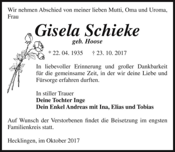 Traueranzeige von Gisela Schieke (geb. Hoose)  von Magdeburger Volksstimme
