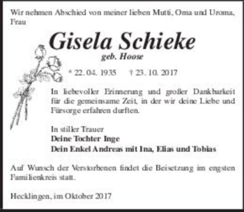 Traueranzeige von Gisela Schieke (geb. Hoose)  von Magdeburger Volksstimme