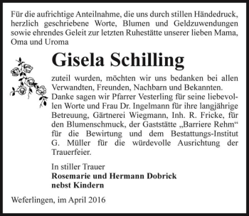 Traueranzeige von Gisela Schilling  von Magdeburger Volksstimme