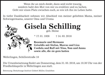 Traueranzeige von Gisela Schilling (geb. Heine)  von Magdeburger Volksstimme
