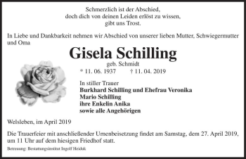 Traueranzeige von Gisela Schilling (geb. Schmidt)  von Magdeburger Volksstimme