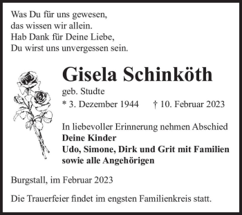 Traueranzeige von Gisela Schinköth (geb. Studte)  von Magdeburger Volksstimme