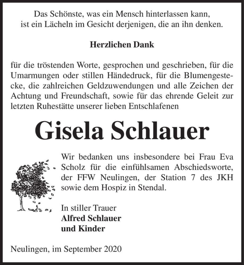  Traueranzeige für Gisela Schlauer  vom 02.10.2020 aus Magdeburger Volksstimme