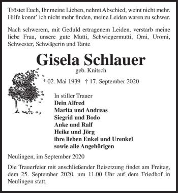 Traueranzeige von Gisela Schlauer (geb. Knitsch)  von Magdeburger Volksstimme