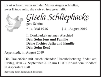 Traueranzeige von Gisela Schliephacke (geb. Schöne)  von Magdeburger Volksstimme