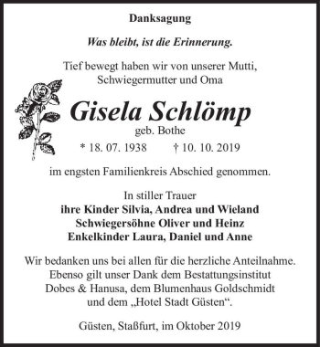 Traueranzeige von Gisela Schlömp (geb. Bothe)  von Magdeburger Volksstimme