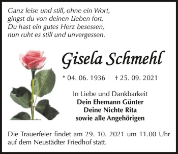 Traueranzeige von Gisela Schmehl  von Magdeburger Volksstimme