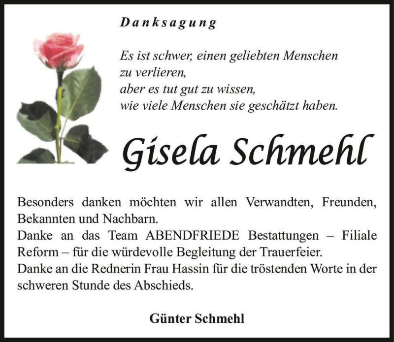  Traueranzeige für Gisela Schmehl  vom 13.11.2021 aus Magdeburger Volksstimme