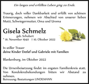 Traueranzeige von Gisela Schmelz (geb. Schubert)  von Magdeburger Volksstimme
