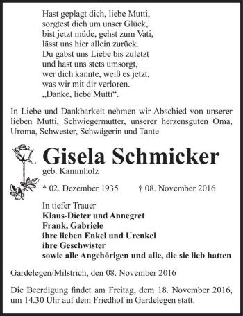 Traueranzeige von Gisela Schmicker (geb. Kammholz)  von Magdeburger Volksstimme