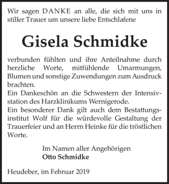 Traueranzeige von Gisela Schmidke  von Magdeburger Volksstimme