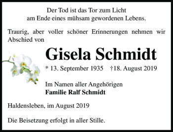 Traueranzeige von Gisela Schmidt  von Magdeburger Volksstimme