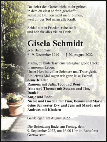 Traueranzeige von Gisela Schmidt (geb. Barchmann)  von Magdeburger Volksstimme