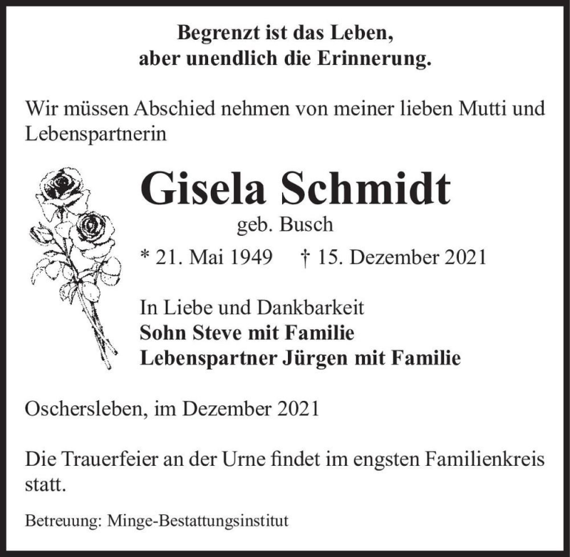  Traueranzeige für Gisela Schmidt (geb. Busch)  vom 22.12.2021 aus Magdeburger Volksstimme
