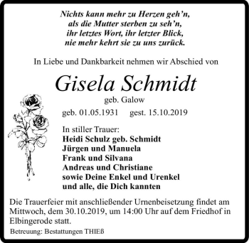 Traueranzeige von Gisela Schmidt (geb. Galow)  von Magdeburger Volksstimme