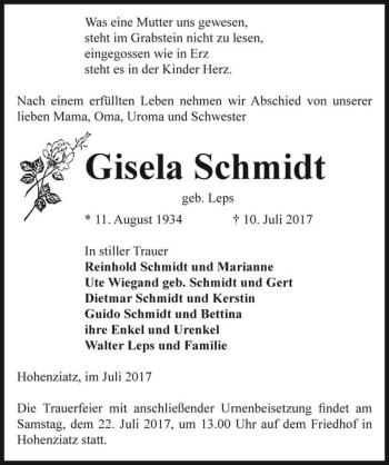 Traueranzeige von Gisela Schmidt (geb. Leps)  von Magdeburger Volksstimme