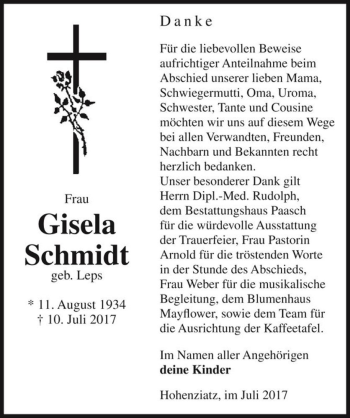 Traueranzeige von Gisela Schmidt (geb. Leps)  von Magdeburger Volksstimme