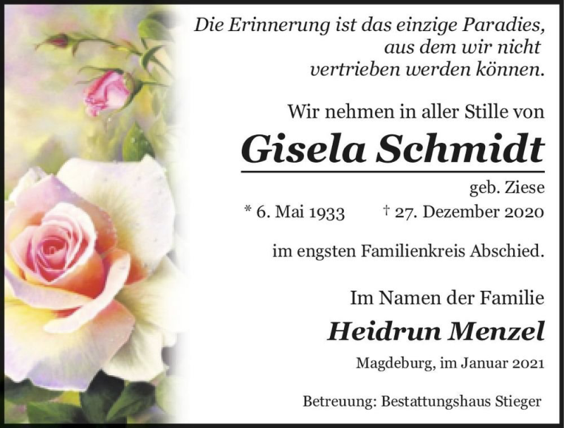  Traueranzeige für Gisela Schmidt (geb. Ziese)  vom 23.01.2021 aus Magdeburger Volksstimme