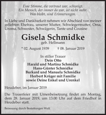 Traueranzeige von Gisela Schmidtke (geb. Hellmann)  von Magdeburger Volksstimme