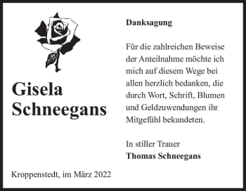 Traueranzeige von Gisela Schneegans  von Magdeburger Volksstimme