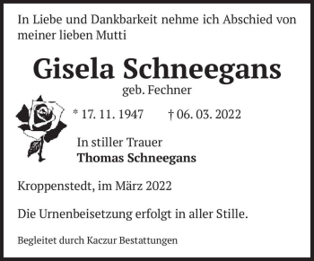 Traueranzeige von Gisela Schneegans (geb. Fechner)  von Magdeburger Volksstimme