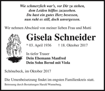Traueranzeige von Gisela Schneider  von Magdeburger Volksstimme