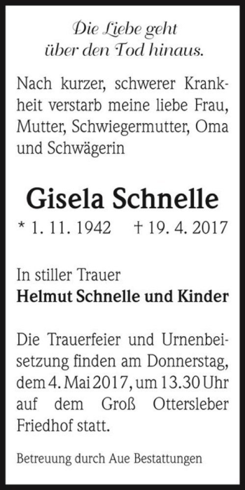 Traueranzeige von Gisela Schnelle  von Magdeburger Volksstimme