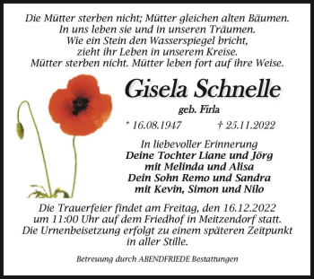Traueranzeige von Gisela Schnelle (geb. Firla)  von Magdeburger Volksstimme