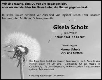 Traueranzeige von Gisela Scholz (geb. Weber)  von Magdeburger Volksstimme