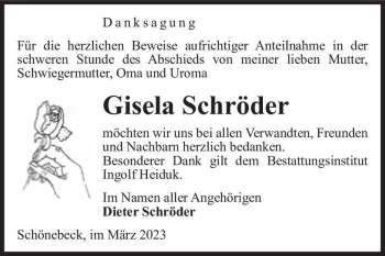 Traueranzeige von Gisela Schröder  von Magdeburger Volksstimme