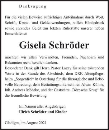 Traueranzeige von Gisela Schröder  von Magdeburger Volksstimme