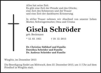 Traueranzeige von Gisela Schröder (geb. Beckmann)  von Magdeburger Volksstimme